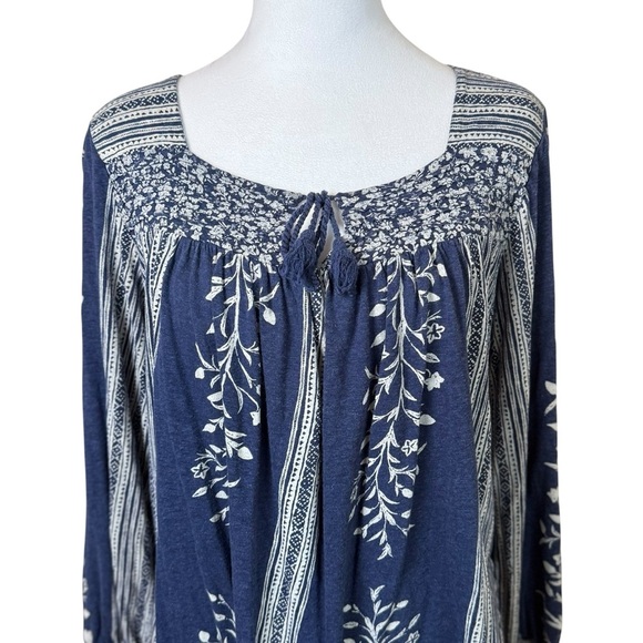 Lucky Brand Womens Linen Blend Peasant Top LG 3/4 Sleeve Navy Blue Boho Hippie - Picture 2 of 10
